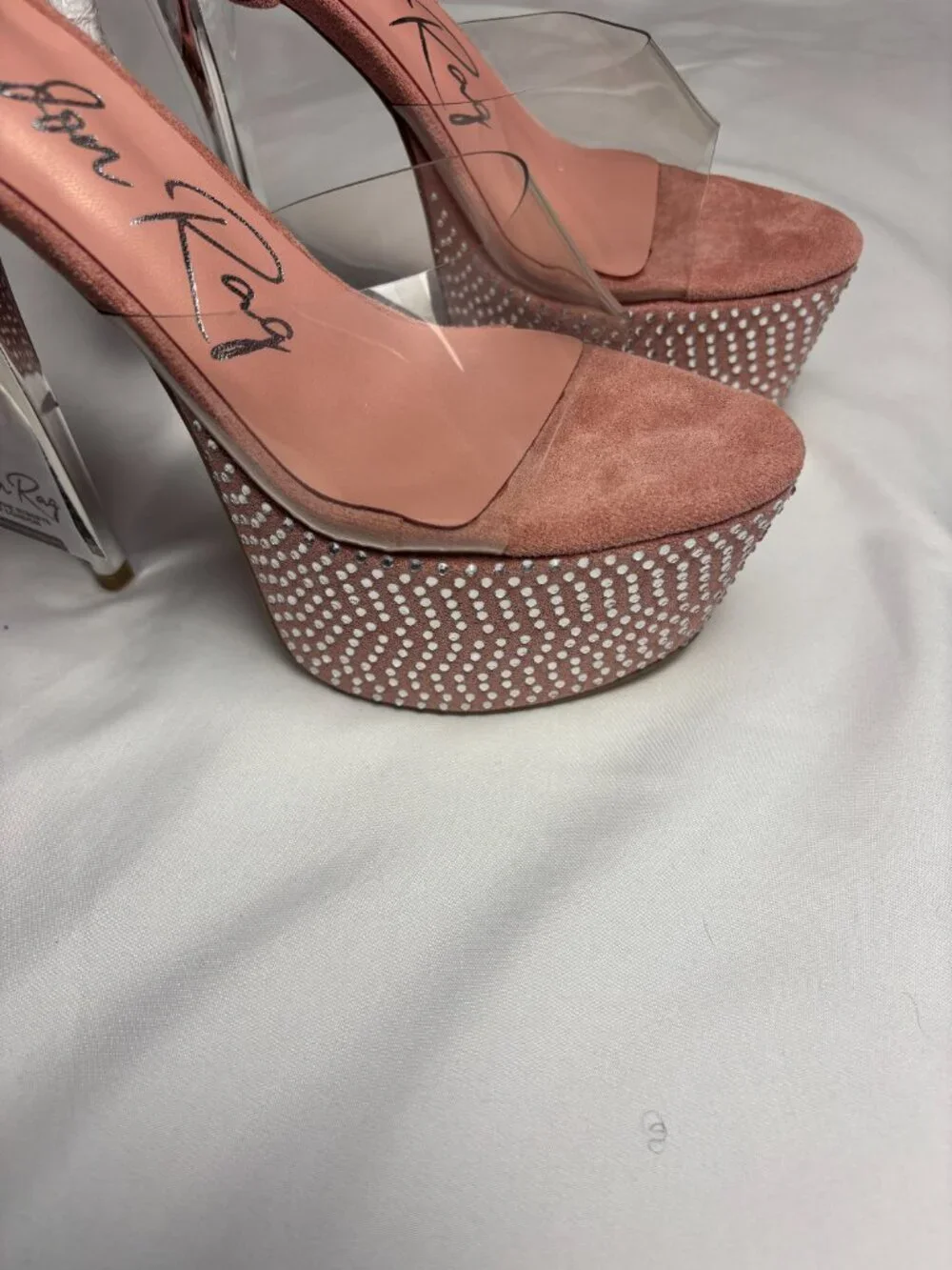 London Rag Pink Rhinestone Platform Clear Strap Stiletto Heels | Size US 7 NWT